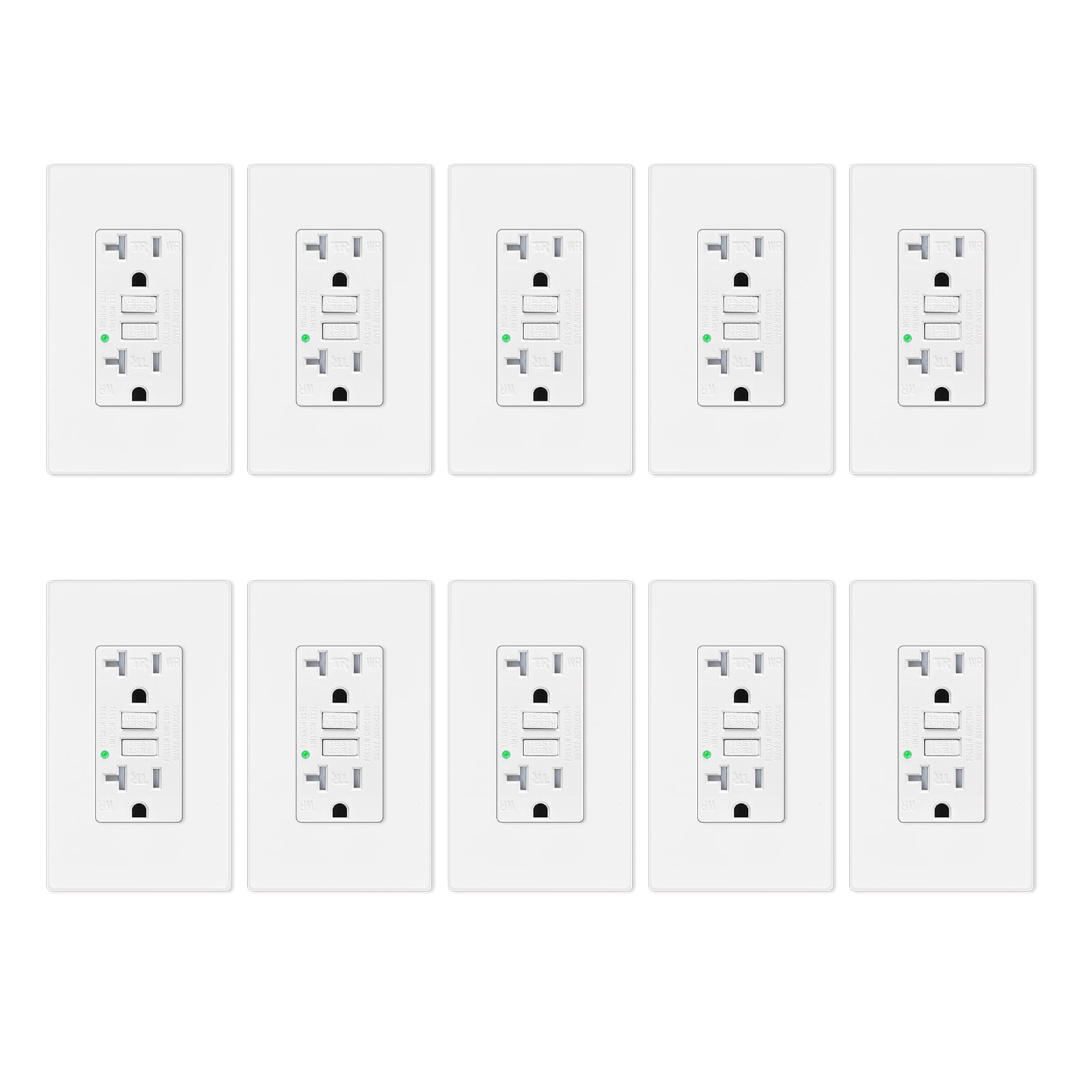 GREENCYCLE 10 PK 20A / 125V Tamper Resistant GFCI Outlet Decor Receptacle with LED Indicator Decorative Wall Plates Screws Included Residential and Commercial Grade ETL Certified White