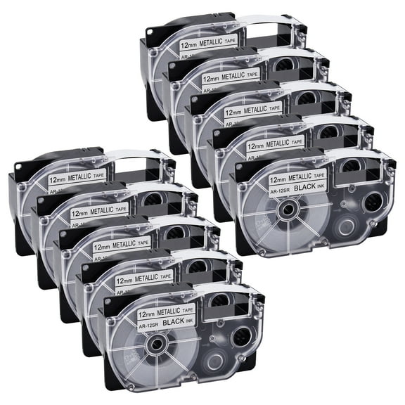 GREENCYCLE 10 Pack Compatible for Casio XR-12SR XR12SR Black on Metallic Label Tape for KL-120 KL-60 KL-100 KL750 KL780 KL2000 KL7000 KL7200 KLP1000 EZ Label Printer 12mm 1/2 Inch x 8m 26.2Feet