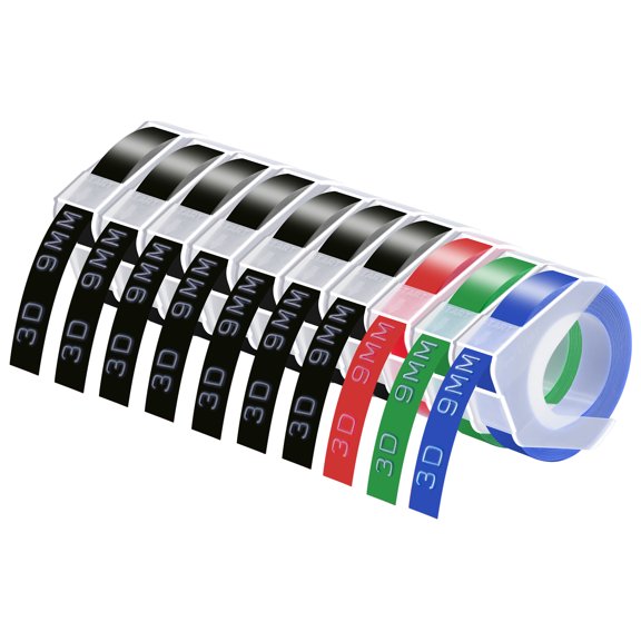 GREENCYCLE 10 Pack Compatible for DYMO 3D Embossing Xpress Pro MoTEX Label Maker, 3D 9mm Plastic Labels 3/8'' x 9.8ft White on Red/Green/Blue/Black Embossing Color Label Tape
