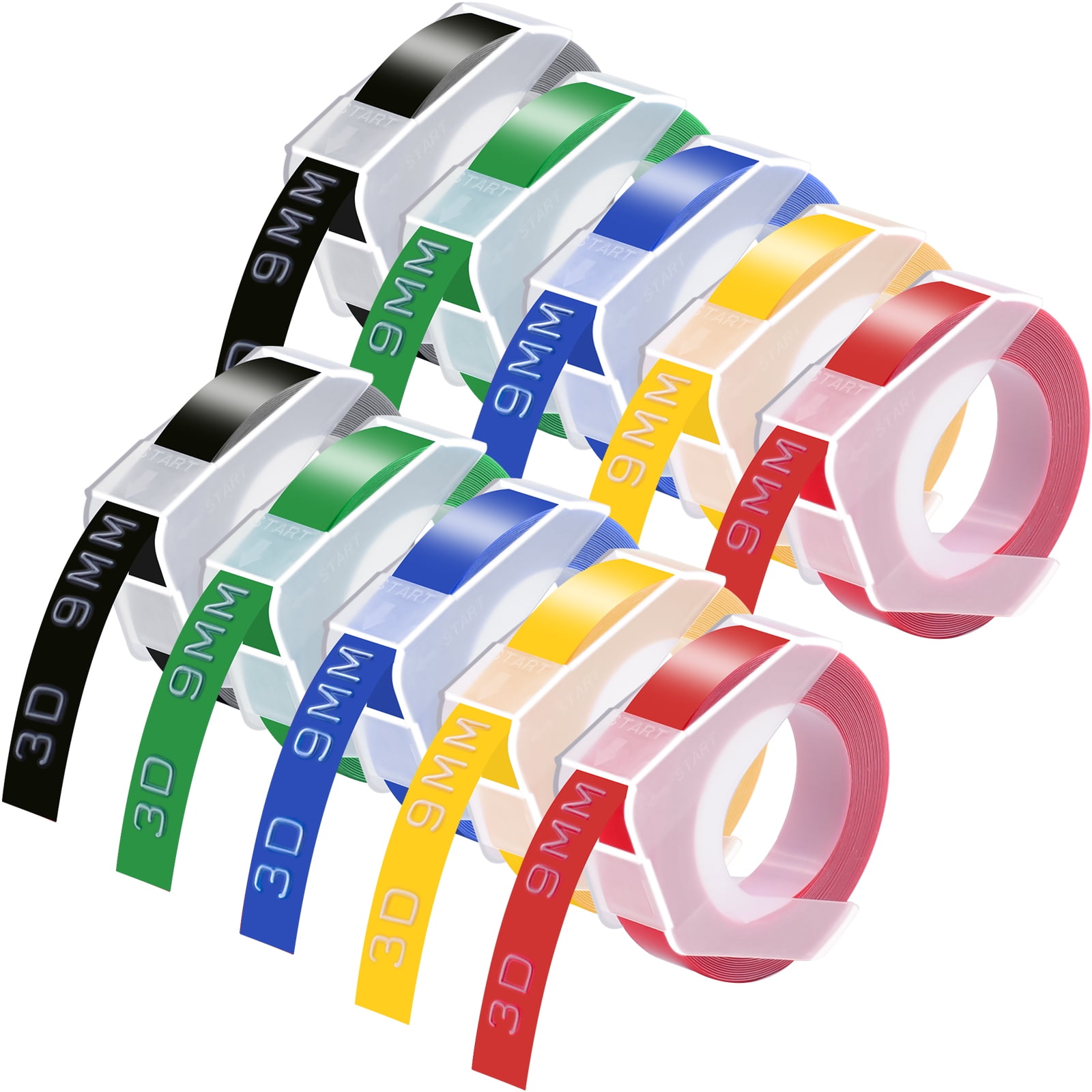 GREENCYCLE 10 Pack Compatible for DYMO 3D Embossing Xpress Pro MoTEX Label Maker, 3D 9mm Plastic Labels 3/8'' x 9.8ft White on Red/Green/Blue/Yellow/Black Embossing Color Label Tape