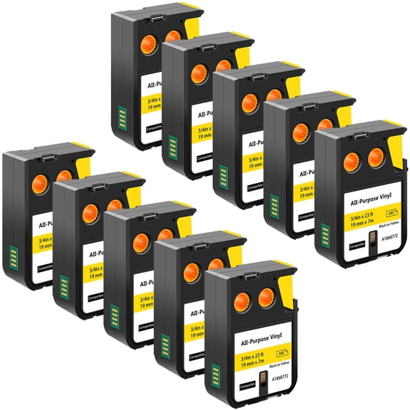 GREENCYCLE 10 Pack Compatible for DYMO XTL 1868772 3/4''x 23ft Black on Yellow All-Purpose Vinyl Label Tapes use in Rhino XTL-300 500 Printer