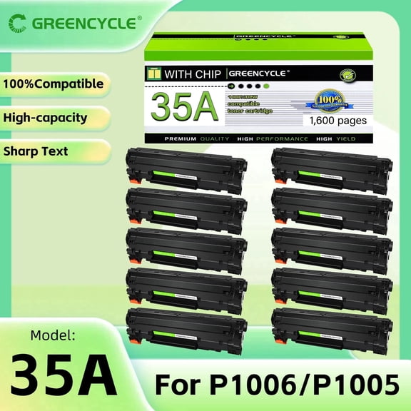 GREENCYCLE 10 Pack Compatible for 35A CB435A Black Toner Cartridge Replacement with Laserjet P1005 P1006 P1009 Printer