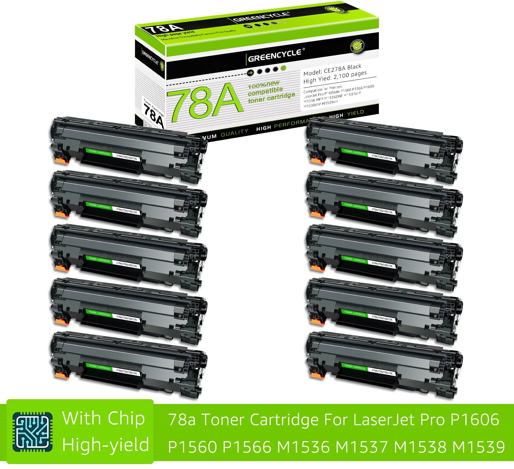 H 78 GreenCycle Compatible HP 78A CE278A Black Toner Cartridge, 10 Pack ...
