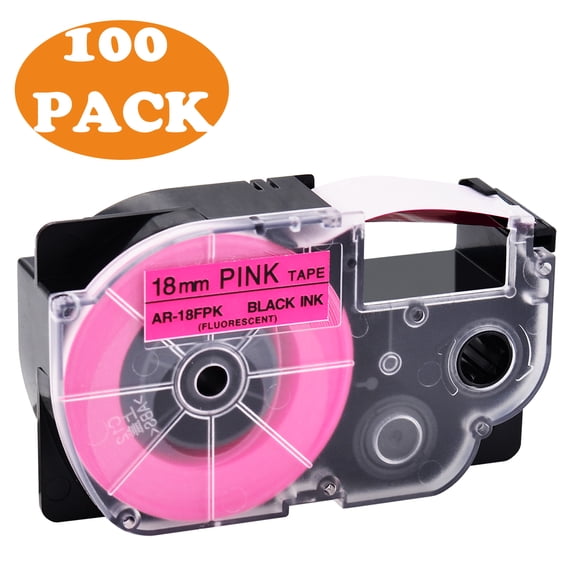 GREENCYCLE 100 Pack Compatible for Casio XR-18FPK XR18FPK Black on Fluorescent Pink Label Tape for KL-120 KL-430 KL-750 KL-780 KL-820 KL-P1000 KL-2000 KL-7000 Label Maker 18mm 3/4'' x 5.5m 18 Feet
