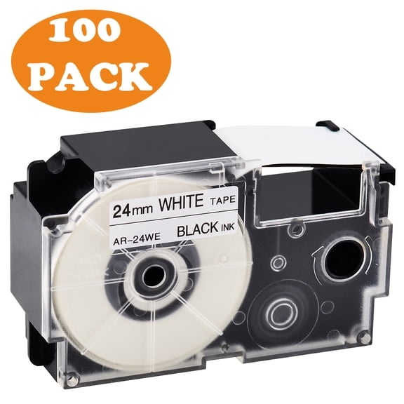 GREENCYCLE 100 Pack Compatible for Casio XR-24WE XR-24WE2S Black on White Label Tape for CW-L300 KL-820 KL-8100 KL-8200 KL-C500 KL-G2 EZ Label Printer 24mm 1 Inch x 8m 26.2Feet