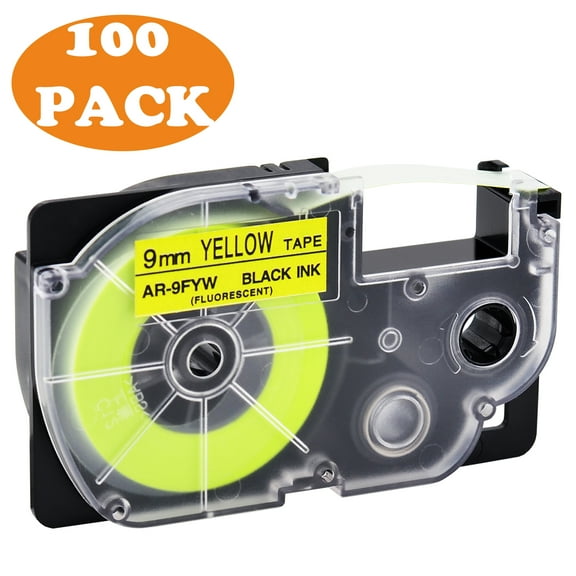 GREENCYCLE 100 Pack Compatible for Casio XR-9FYW XR9FYW Black on Fluorescent Yellow Label Tape for KL-120 KL-60 KL-100 KL750 KL780 KL2000 KL7000 KL7200 KLP1000 Label Maker 9mm 3/8'' x 5.5m 18 Feet