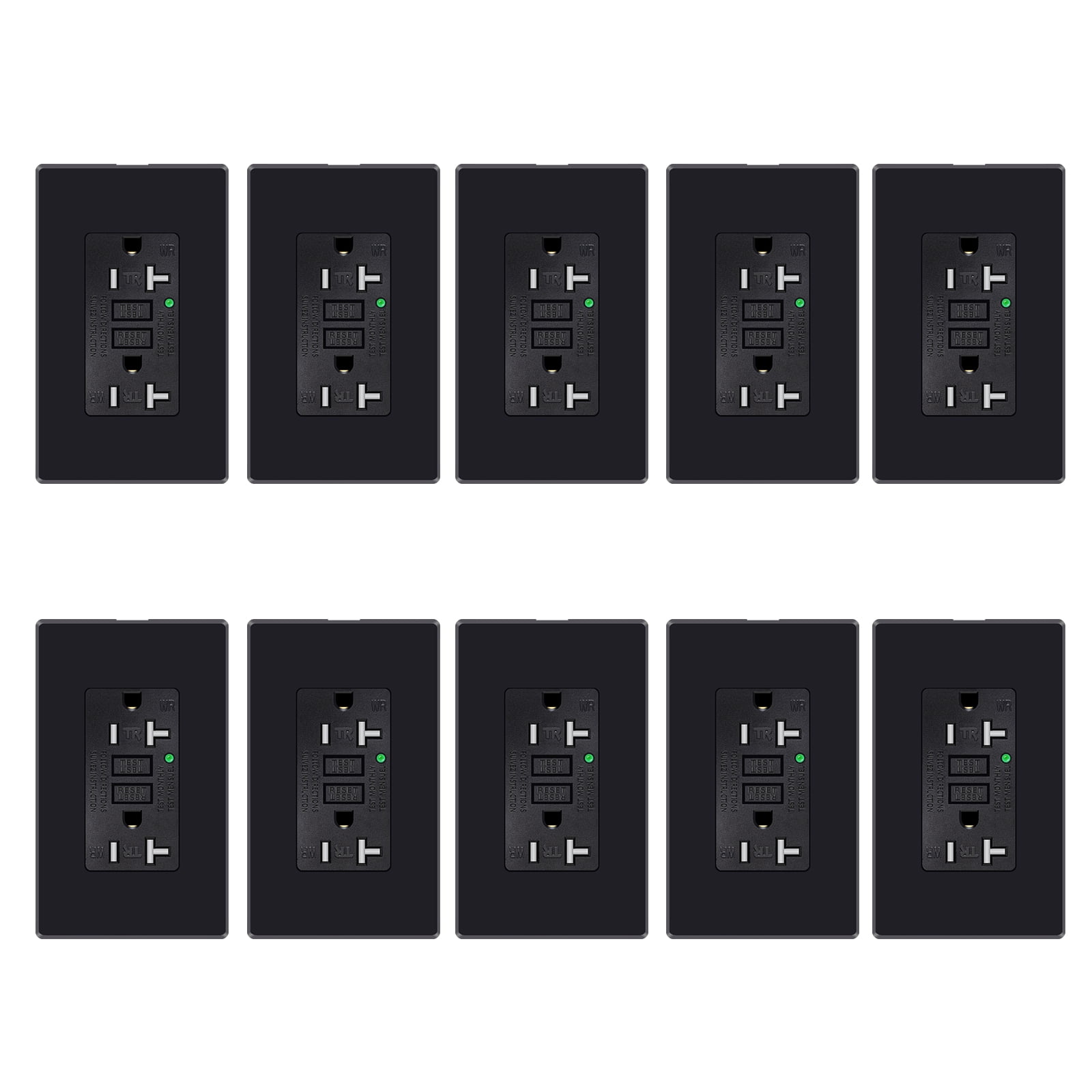 GREENCYCLE 10PK 20A / 125V Tamper Resistant Weather Resistant GFCI Outlets with LED Indicator Decorative Wall Plates Screws Included Residential and Commercial Grade ETL Certified black