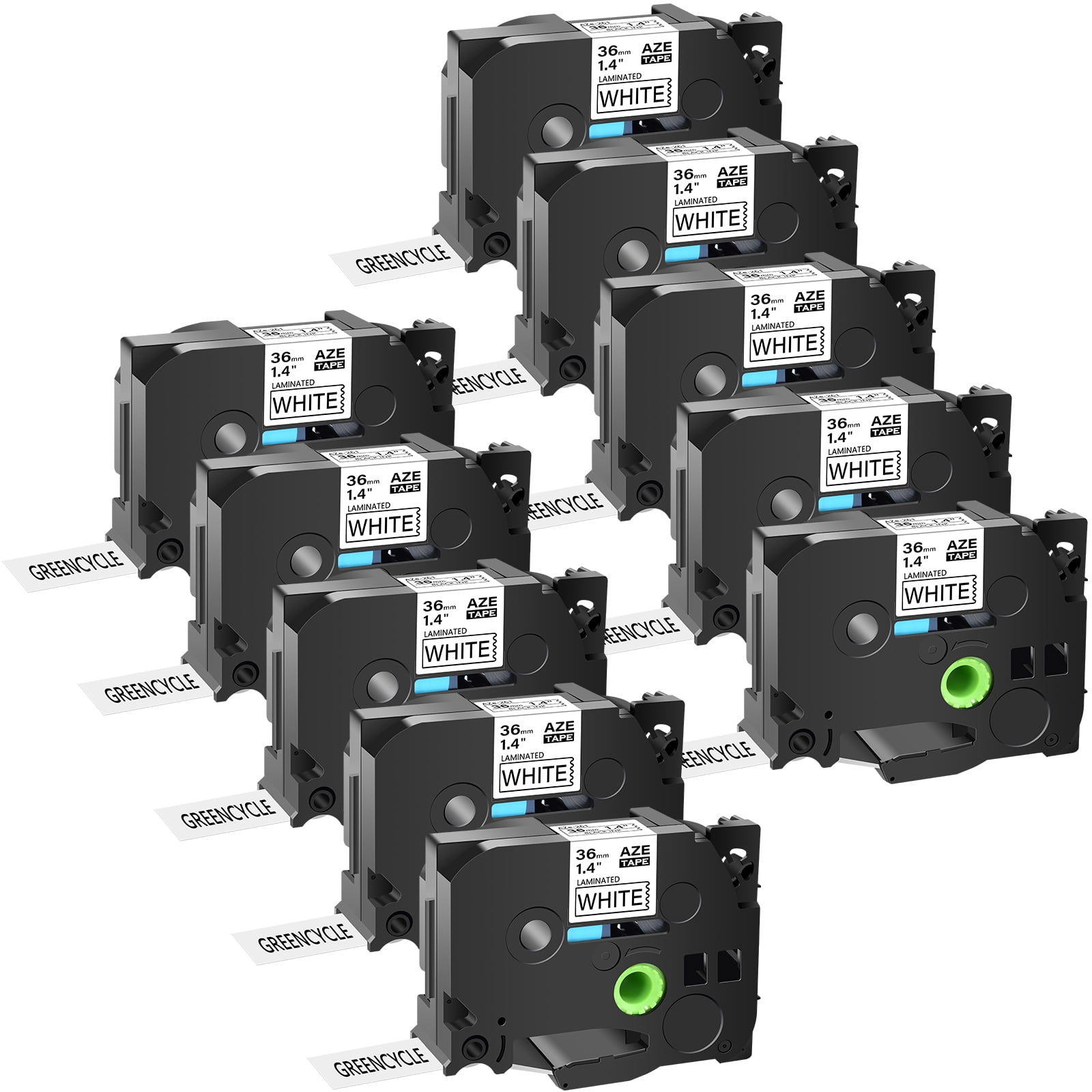 GREENCYCLE 10PK Compatible for Brother P-touch Black on White 36mm