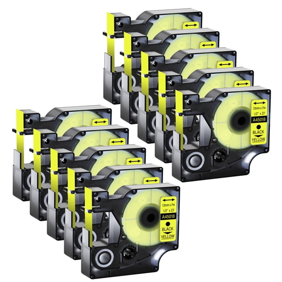 GREENCYCLE 10PK Compatible for DYMO D1 Label Tape 45018 12mm Black on Yellow for LabelManager 160 210D 260P 280 360D 420P 450Duo Wireless PnP Colorpop