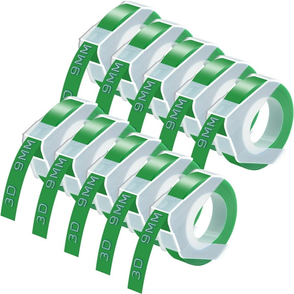 GREENCYCLE 10PK Compatible for Dymo 3D Plastic Embossing Labels 520103 White on Green Label Tape 9mm 3/8'' x 3m 9.8' Use in Organizer Xpress Pro 12966, Office Mate II 1540, Motex E101 Label Maker