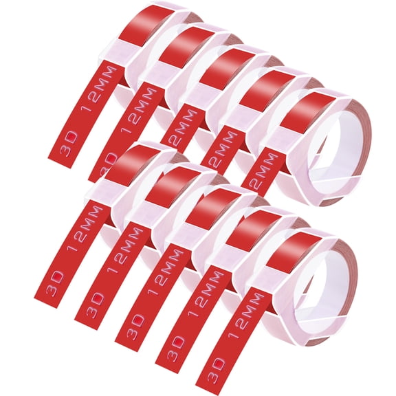 GREENCYCLE 10PK Compatible for Dymo 3D Plastic Embossing Labels 521202 White on Red Label Tape 12mm 1/2'' x 3m 9.8' Use in Organizer Xpress, Office Matte II, Magazine Maker, Motex Label Maker