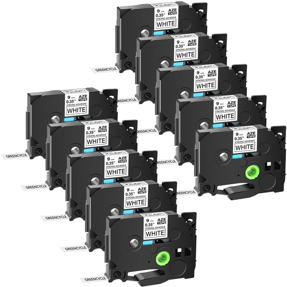 GREENCYCLE 10PK Compatible for Brother P-touch Black on White 9mm TZ TZe TZe-S221 TZ-S221 TZe-221 TZ-221 Extra Strength Laminated Label Tape