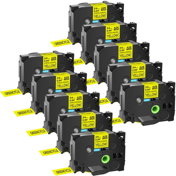 GREENCYCLE 10PK Compatible for Brother P-touch Black on Yellow 24mm TZ TZe TZe-S651 TZ-S651 TZe-651 TZ-651 Extra Strength Laminated Label Tape