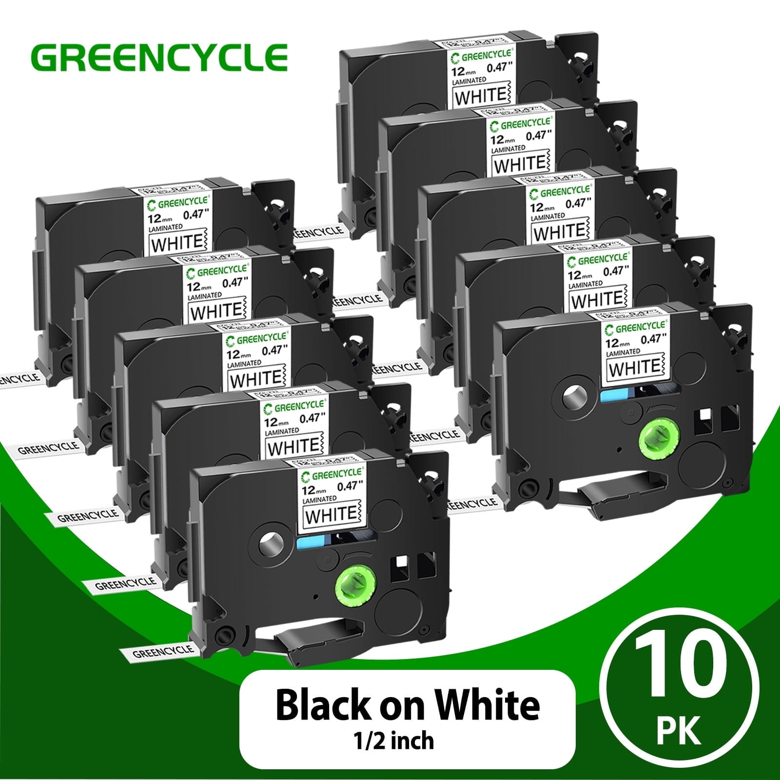 GREENCYCLE 10PK TZ-231 Compatible for Brother P-touch TZe-231 TZe231 TZ231 0.47'' 12mm Black on White Label Maker Tape