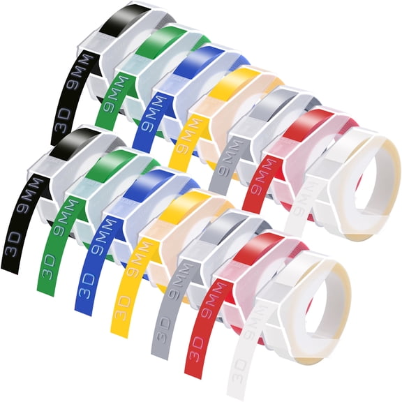 GREENCYCLE 14 Pack Compatible for DYMO 3D Embossing Xpress Pro MoTEX Label Maker, 3D 9mm Plastic Labels 3/8'' x 9.8ft White on Clear/Red/Green/Silver/Blue/Yellow/Black Embossing Color Label Tape