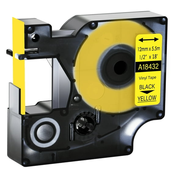 GREENCYCLE 1PK Compatible for DYMO 18432 12mm 5.5m Black on Yellow Vinyl Label Maker Tape