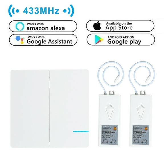 GREENCYCLE 2-Gang Wireless Light Switch with WIFI Receiver 80-270V Kit Outdoor Indoor Lamp Fan Use Work with Amazon Alexa,Google home, App Remote Control &Time Setting Function (1 Switch, 2 Receiver)