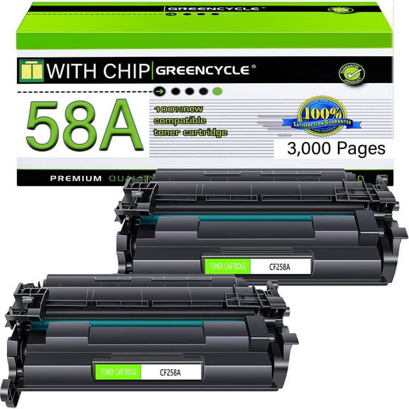 GREENCYCLE 2 Pack CF258A (with Chip) Compatible Black Toner Cartridge Replacement for HP 58A CF258A Use with Laser Jet Pro M304 M404 M404dw MFP M428 M428dw M428fdn M406dn Printer