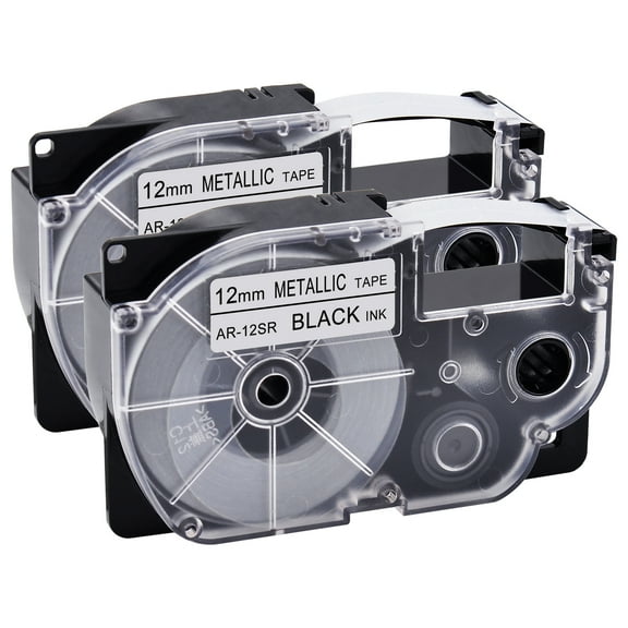 GREENCYCLE 2 Pack Compatible for Casio XR-12SR XR12SR Black on Metallic Label Tape for KL-120 KL-60 KL-100 KL750 KL780 KL2000 KL7000 KL7200 KLP1000 EZ Label Printer 12mm 1/2 Inch x 8m 26.2Feet