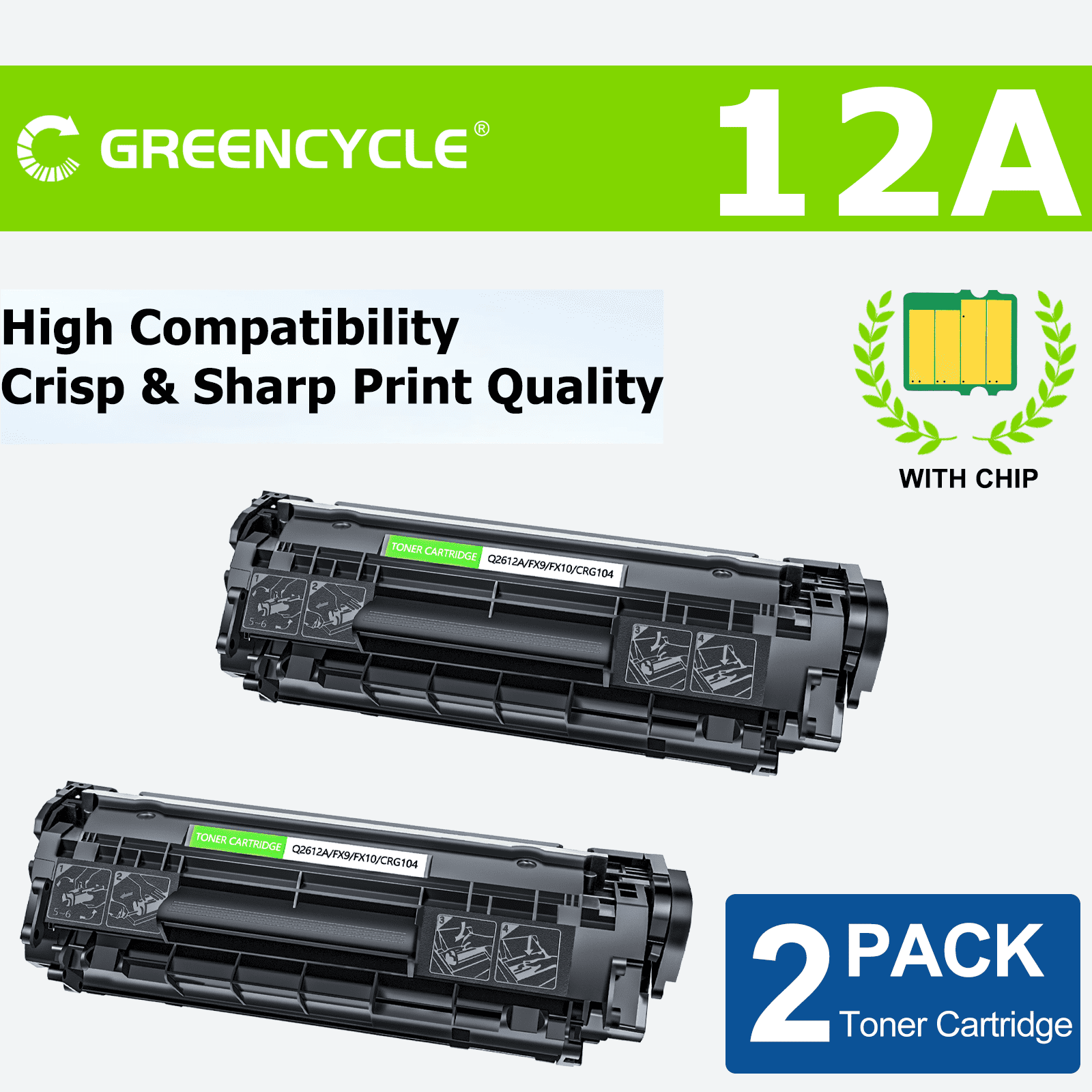 GREENCYCLE 2 Pack Compatible for HP 12A Q2612A Black Toner 