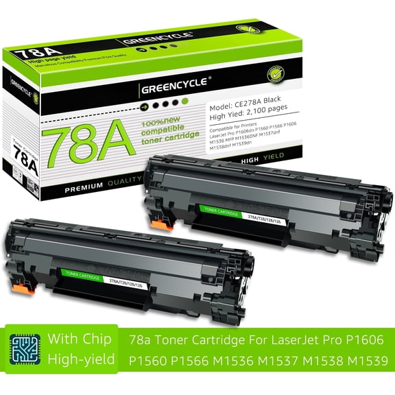 GREENCYCLE 2 Pack Compatible for HP78A CE278A Black Toner Cartridge Replacement with LaserJet Pro M1536dnf P1606dn P1566 Printer