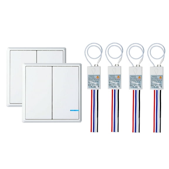 GREENCYCLE 2 Set 2-Gang Wireless Light Switch 110V Receiver Transmitter Kit Outdoor 1600 ft Indoors 130 ft - Remote Ceiling Lamp LED Bulb - IP54 Waterproof Design (2 Switches, 4 Receivers)