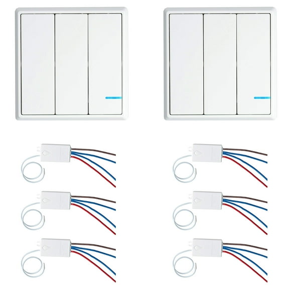 GREENCYCLE 2 Set 3-Gang Wireless Light Switch 110V Receiver Transmitter Kit Outdoor 1600 ft Indoors 130 ft - Remote Ceiling Lamp LED Bulb - IP54 Waterproof Design (2 Switches, 6 Receivers)