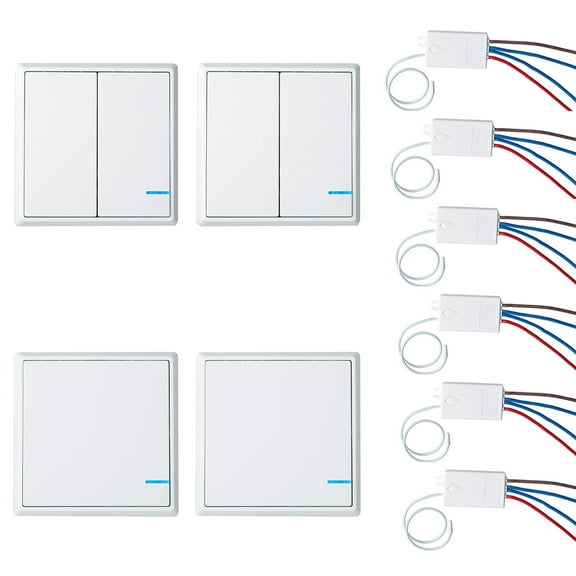 GREENCYCLE 2 Set Wireless Light Switch 110V Receiver Transmitter Kit Outdoor 1600ft Indoors 130ft Remote Ceiling Lamp LED Bulb IP54 Waterproof (2PK 1-gang Switch,2PK 2-gang Switch, 6 Receivers)