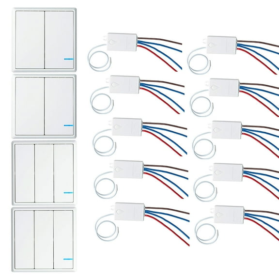 GREENCYCLE 2 Set Wireless Light Switch 110V Receiver Transmitter Kit Outdoor 1600ft Indoors 130ft Remote Ceiling Lamp LED Bulb IP54 Waterproof (2PK 2-gang Switch,2PK 3-gang Switch,10 Receivers)