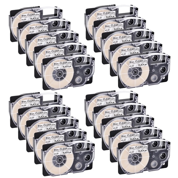 GREENCYCLE 20 Pack Compatible for Casio XR-9X XR9X XR-9X2S Black on Clear Label Tape for KL-120 KL-60 KL-100 KL750 KL780 KL2000 KL7000 KL7200 KLP1000 EZ Label Printer 9mm 3/8 Inch x 8m 26.2Feet