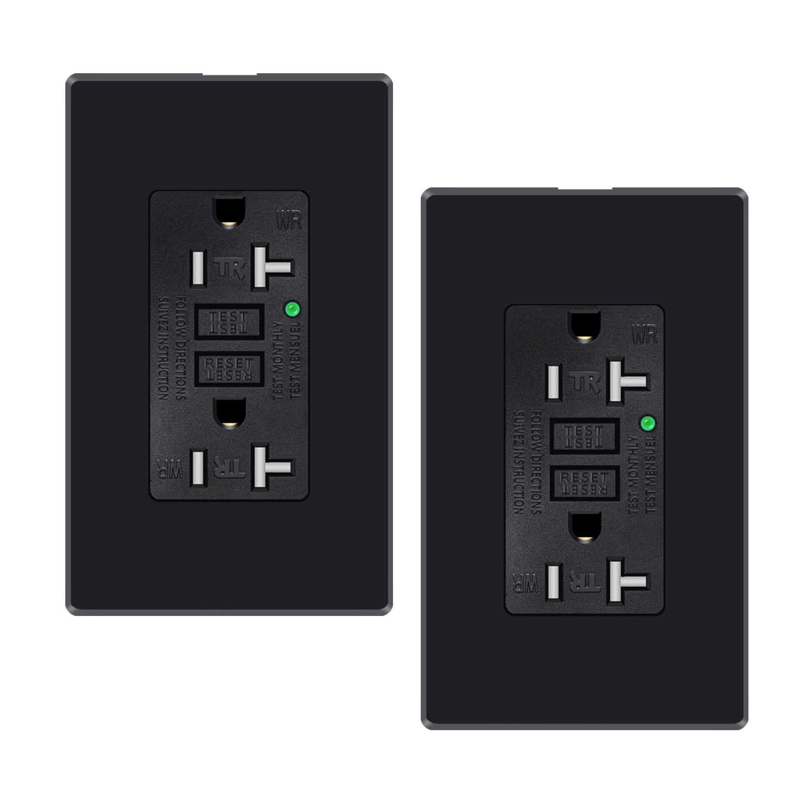 GREENCYCLE 2PK 20A / 125V Tamper Resistant Weather Resistant GFCI Outlets with LED Indicator Decorative Wall Plates Screws Included Residential and Commercial Grade ETL Certified black
