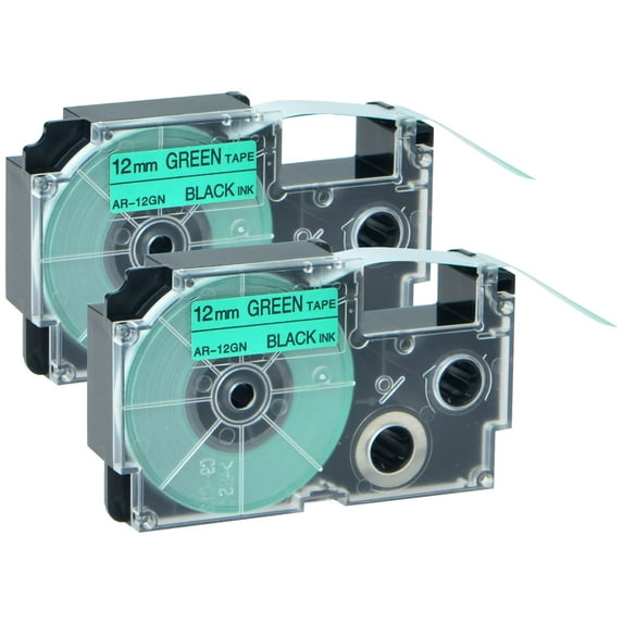 GREENCYCLE 2PK Black on Green Label Tape Compatible for Casio XR12GN XR-12GN (12mm 1/2''x 8m 26ft) EZ Label Printer