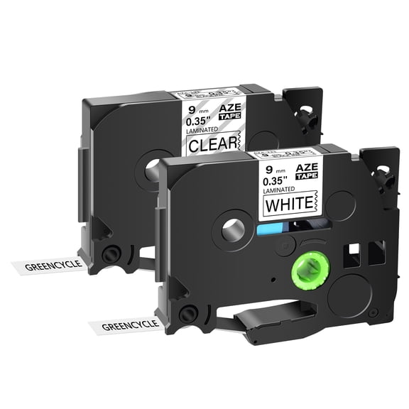 GREENCYCLE 2PK Compatible for Brother P-touch Black on Clear/White 9mm TZ TZe TZe-121 TZ121 TZe-221 TZ221 Laminated Label Tape