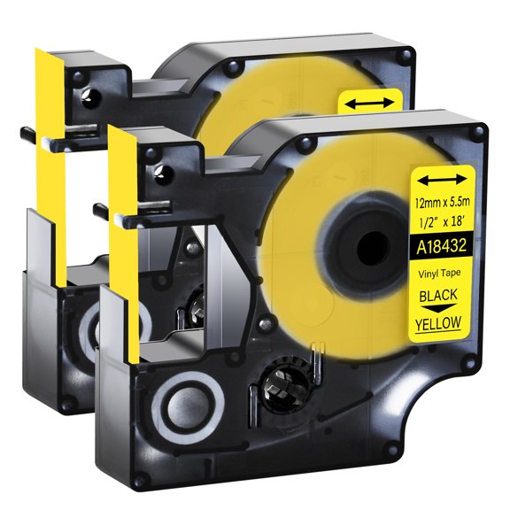 GREENCYCLE 2PK Compatible for DYMO 18432 12mm 5.5m Black on Yellow Vinyl Label Maker Tape
