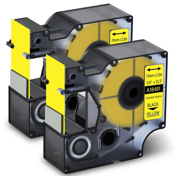 GREENCYCLE 2PK Compatible for DYMO 18491 19mm 3/4" Black on Yellow Industrial Flexible Nylon Label Maker Tape