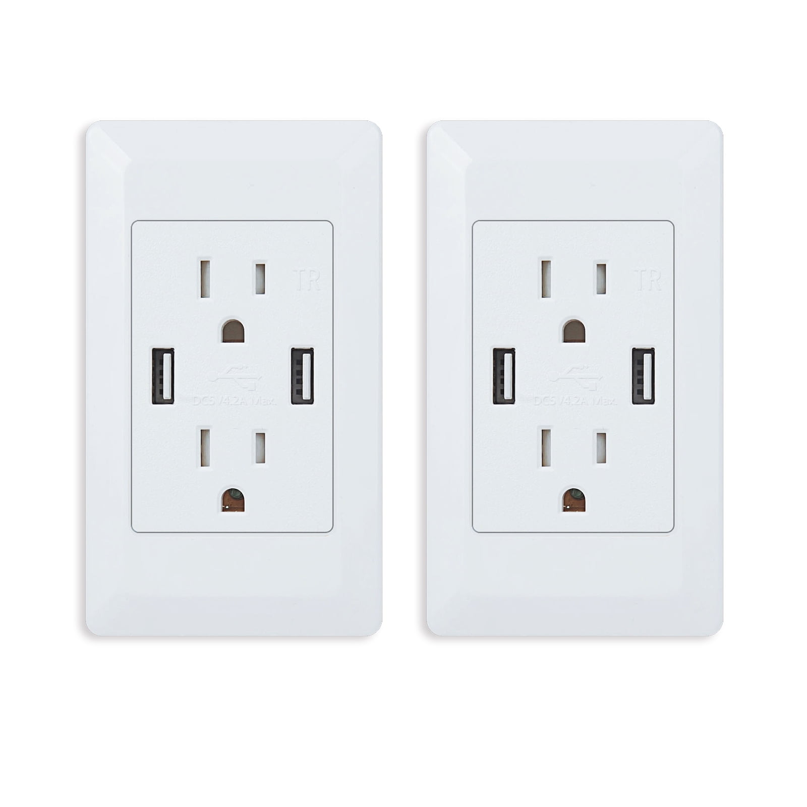 15A Tamper Resistant Duplex Outlet with USB Ports and Wall Plate, 2-Pack