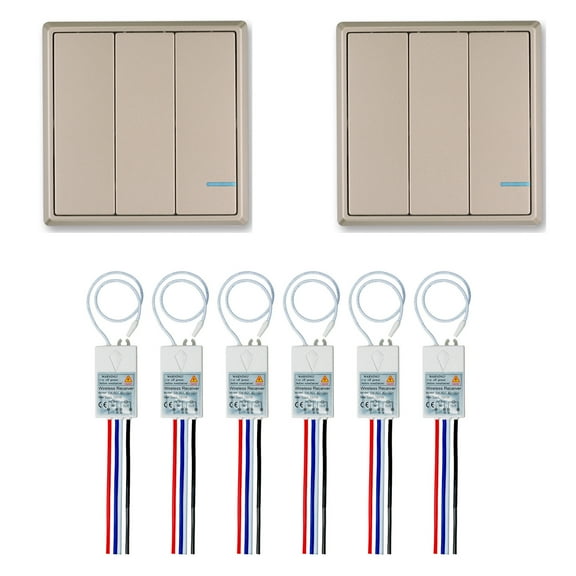 GREENCYCLE 3-Gang Gold Plate Wireless Light Switch with 110V Receiver Kit Outdoor 1600ft Indoors 130ft - Remote Ceiling Lamp LED Bulb - IP54 Waterproof Design (2 Switch, 6 Receiver)