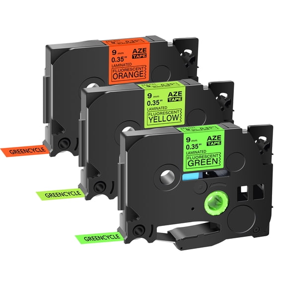 GREENCYCLE 3 Pack Compatible for Brother P-Touch TZ TZe TZe-B21 TZe-C21 TZe-D21 Label Tape 9mm 0.35'' Black on Fluo Orange/Yellow/Green Laminated use in PT-D600 PT-H110 PT-D210 PT-D400 Label Maker