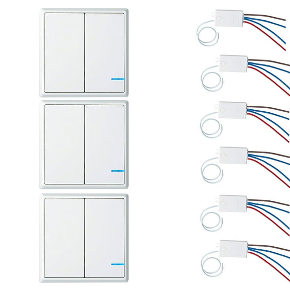 GREENCYCLE 3 Set 2-Gang Wireless Light Switch 110V Receiver Transmitter Kit Outdoor 1600 ft Indoors 130 ft - Remote Ceiling Lamp LED Bulb - IP54 Waterproof Design (3 Switches, 6 Receivers)