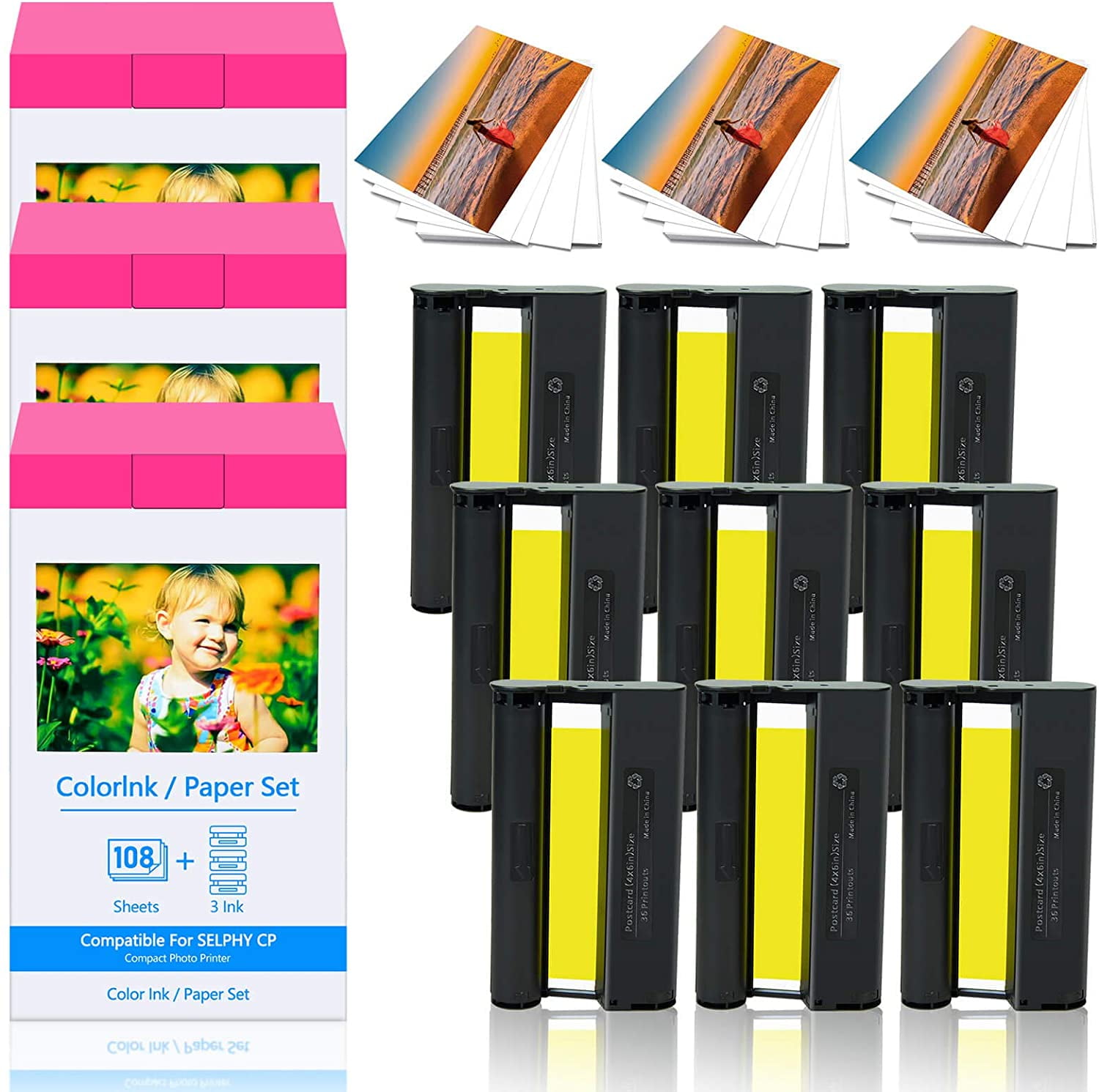 PYYAN-KP-108IN Color Ink And Paper Set Compatible For SELPHY CP1300 Cp1500 Cp1200 Wireless Compact Photo Printer 4 X 6 Inch 108 Ink Paper Sheets 3 Color Ink