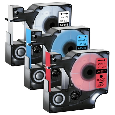 GREENCYCLE 3PK Compatible for DYMO D1 Label Tape 45013 45016 45017 12mm Black on White/Blue/Red for LabelManager 160 210D 260P 280 360D 420P 450Duo Wireless PnP Colorpop