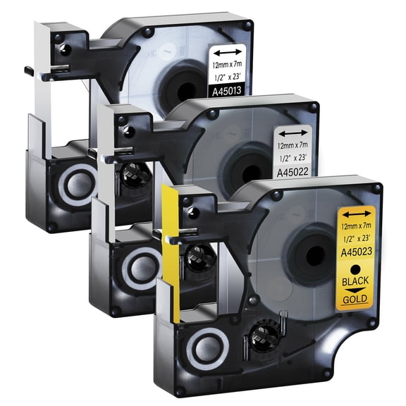 GREENCYCLE 3PK Compatible for DYMO D1 Label Tape 45013 45022 45023 12mm Black on White/Silver/Gold for LabelManager 160 210D 260P 280 360D 420P 450Duo Wireless PnP Colorpop