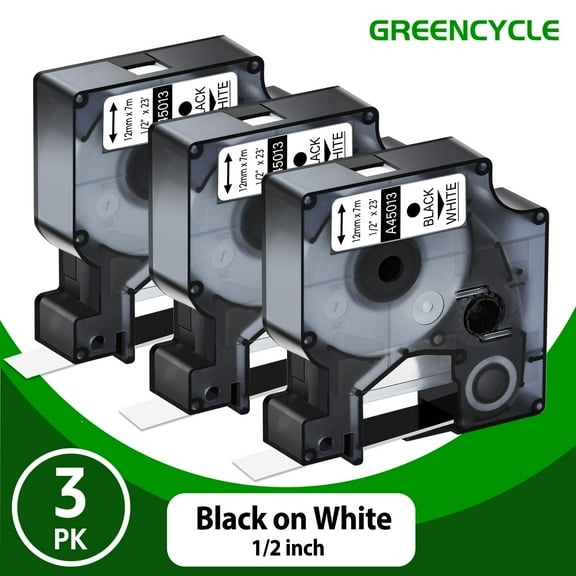GREENCYCLE 3PK Compatible for Dymo D1 45013 45113 45013S 1/2'' 12mm x 7m S0720530 Black on White Label Tape for LabelManager LabelPoint LabelWriter Label Maker