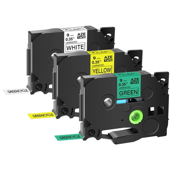 GREENCYCLE 3PK Compatible for Brother P-touch Black on White/Yellow/Green 9mm TZ TZe TZe-221 TZ221 TZe-621 TZ621 TZe-721 TZ721 Laminated Label Tape