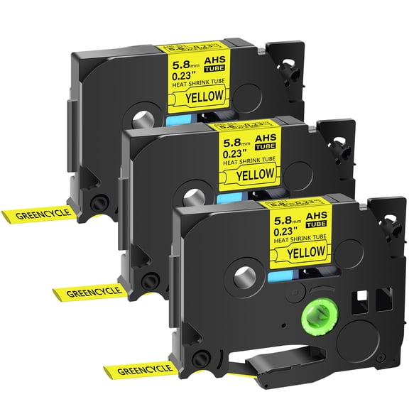 GREENCYCLE 3PK Compatible for Brother P-touch HSE-611 HS-611 HSe611 HS611 5.8mm 0.23" Black on Yellow Heat-shrink Label Tape