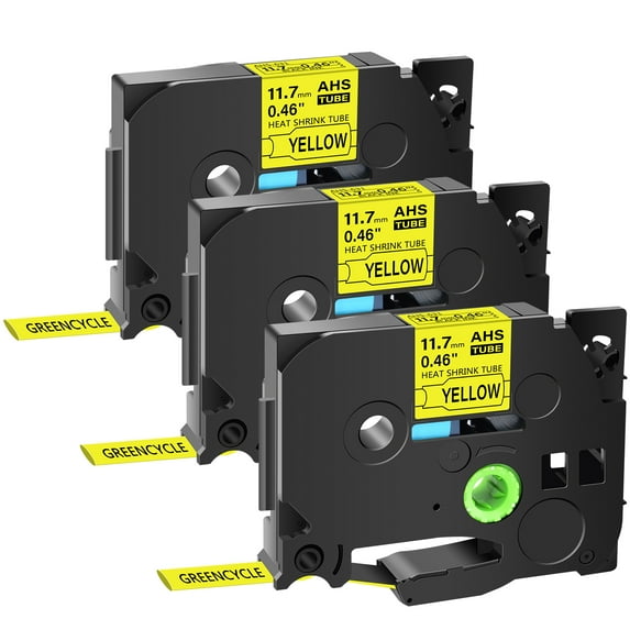 GREENCYCLE 3PK Compatible for Brother P-touch HSE-631 HS-631 HSe631 HS631 11.7mm 0.46" Black on Yellow Heat-shrink Label Tape