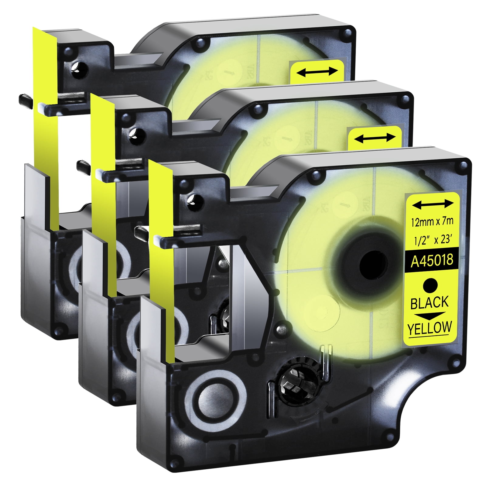 Lot De 3 Rubans Encreurs Kamo Compatibles Dymo D1 45018 Noir Sur Jaune 12mm X 7m - Idéal Pour LabelManager Et LabelPoint