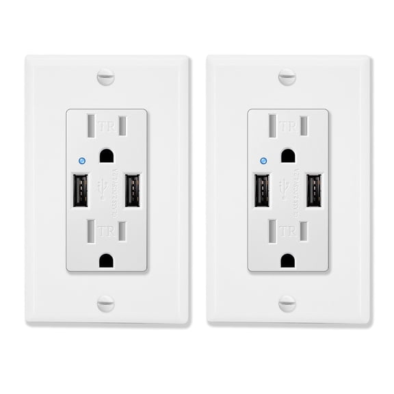 GREENCYCLE 4.2A USB Receptacle Outlet with Dual USB Charging Ports and 2 Tamper-Resistant AC Sockets (15A/125V/1875W), Wall Plate Included, UL listed, 2-Pack, White