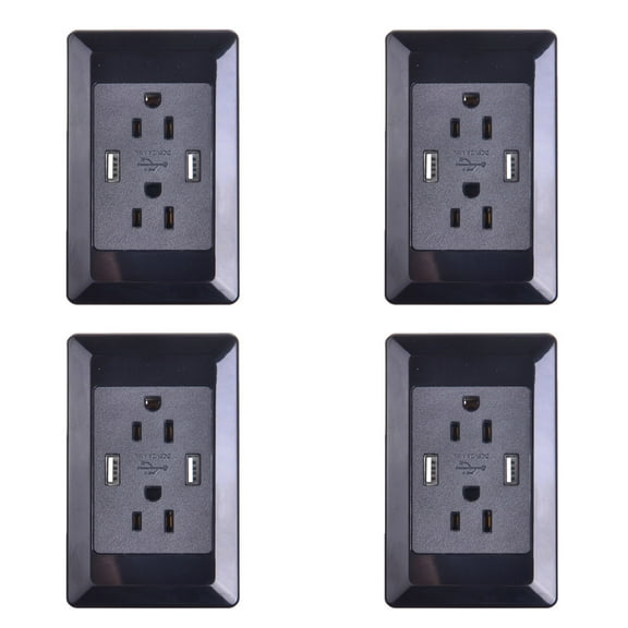 GREENCYCLE 4 Pack 2A Smart Dual USB Charger Wall Plate Outlet Socket 15A AC Power Outlet Charging Receptacle Black Adapter (ETL Listed)