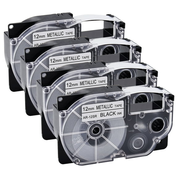 GREENCYCLE 4 Pack Compatible for Casio XR-12SR XR12SR Black on Metallic Label Tape for KL-120 KL-60 KL-100 KL750 KL780 KL2000 KL7000 KL7200 KLP1000 EZ Label Printer 12mm 1/2 Inch x 8m 26.2Feet
